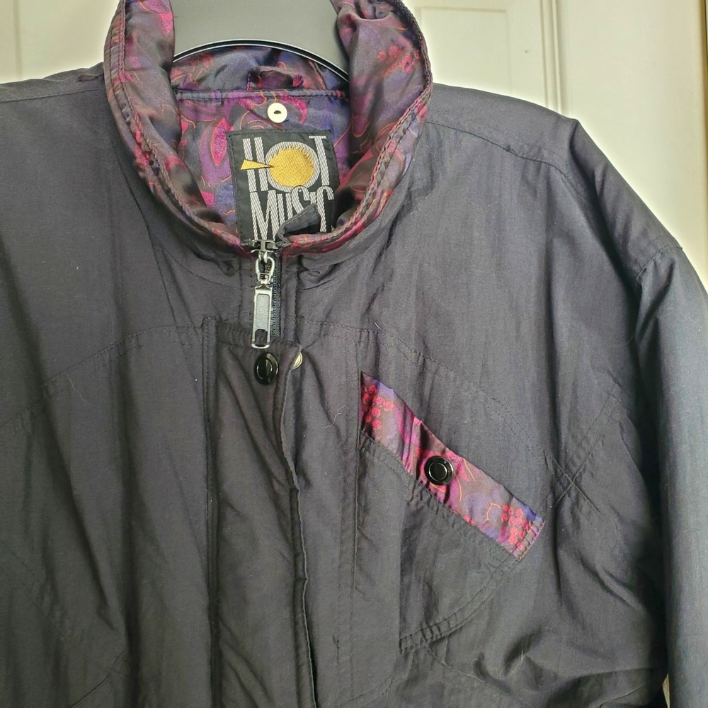 Hot Music Vintage 90s Black‎ Parka Jacket Floral Trim Pockets Womens Small